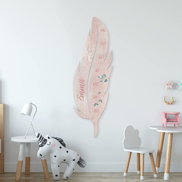 Пір'яна планка з дерева для дітей з персоналізованим ім'ям - дитяча планка з листям і кроликом-вимірювальна планка для дитини о. Дитяча кімната-вимірювальна планка для хлопчиків і дівчаток (рожева з листям і кроликом)