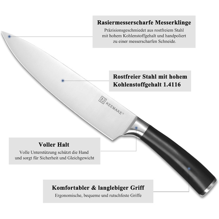 Набір кухонних ножів Keemake 7 предметів з дерев'яним блоком, професійний набір кухонних ножів з нержавіючої сталі, міцні та гострі