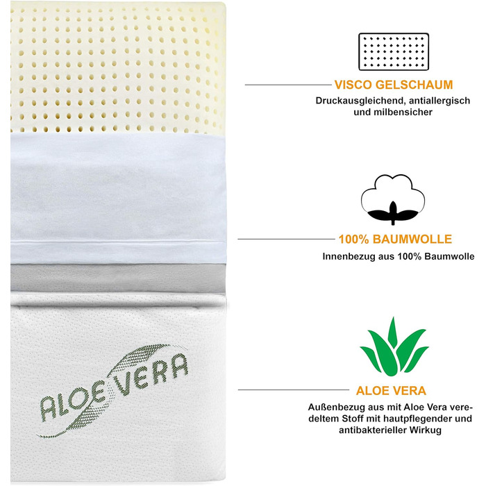Ортопедична подушка для шиї Siebenschläfer - подушка з віско-гелевої піни (Memory Foam) з чохлом з алое вера - розмір 70x42 см, висота 15 см