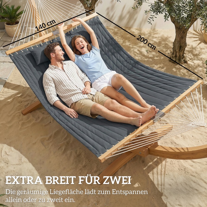 Гамак вуличний 200x140 см, двошаровий, з підголівком та кишенею для журналів, дерев'яні розпірки, витримує до 200 кг