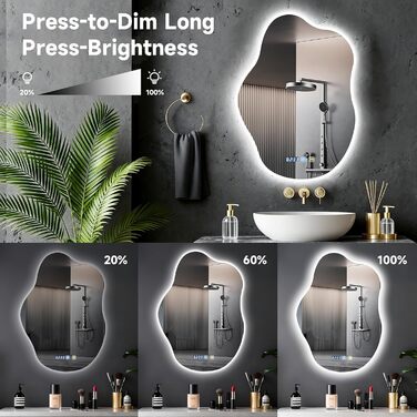 Дзеркало для ванної кімнати з підсвічуванням 50x70 см, з підігрівом, годинник, LED-підсвічування, сенсорна кнопка, функція пам'яті, 3 кольори світла, регулювання яскравості