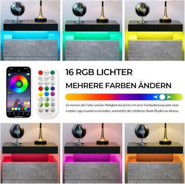 Cubehom LED тумба з дерева з 2 шухлядами, підсвічуванням, сіро-чорна для спальні та вітальні
