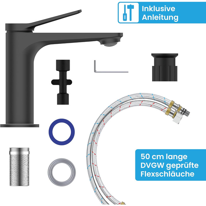 Змішувач для умивальника Bächlein Aldeya чорний матовий з монтажним комплектом, високий однорідний змішувач для накладної раковини