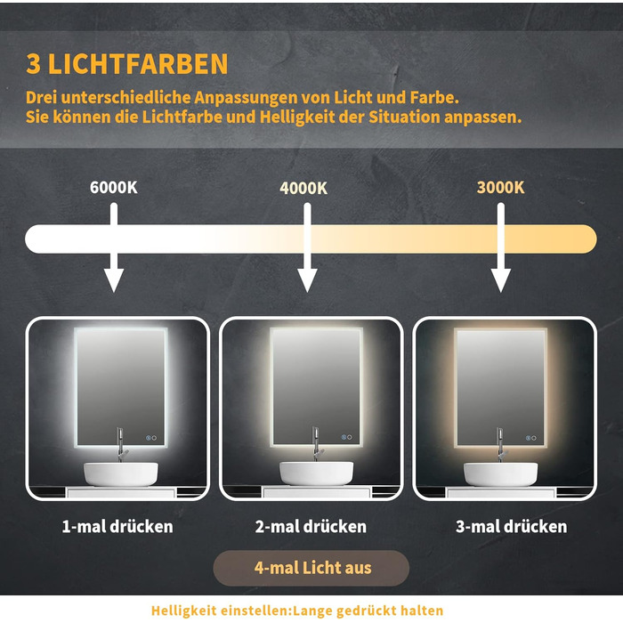 Дзеркало для ванної кімнати Puchika з підсвіткою LED, 50x70 см, регульоване, 3 колірні температури (3000-6400K), IP44, без запотівання, сенсорне керування