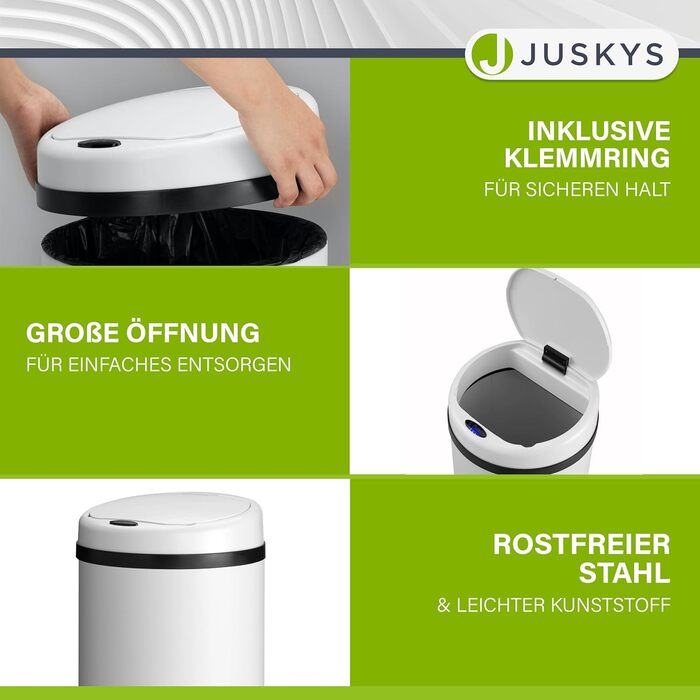 Відро для сміття Juskys з датчиком руху, 50 л - сталеве, з кришкою-затискачем для пакетів, кухонне