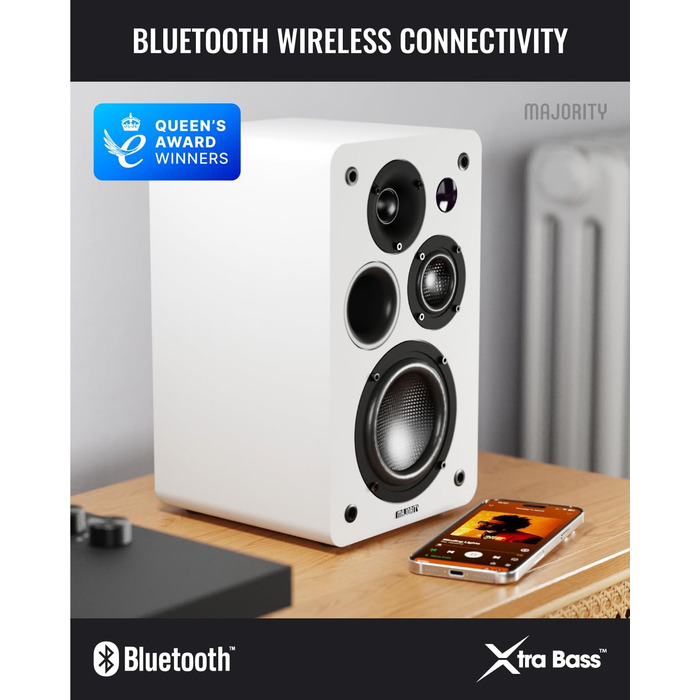 Активні Bluetooth-колонки Majority D100X 100W, вуглецеві драйвери, HDMI ARC, RCA, Optical, Phono, AUX, білі