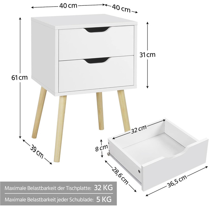 Набір Yaheetech з 2 тумбочок з 2 висувними ящиками, ніжками з масиву дерева, 40 40 61 см