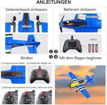 RC літак HAWK'S WORK P-51D Mustang 2.4GHz, готовий до польоту, 6-осьовий гіростабілізатор, синій - для дітей та початківців