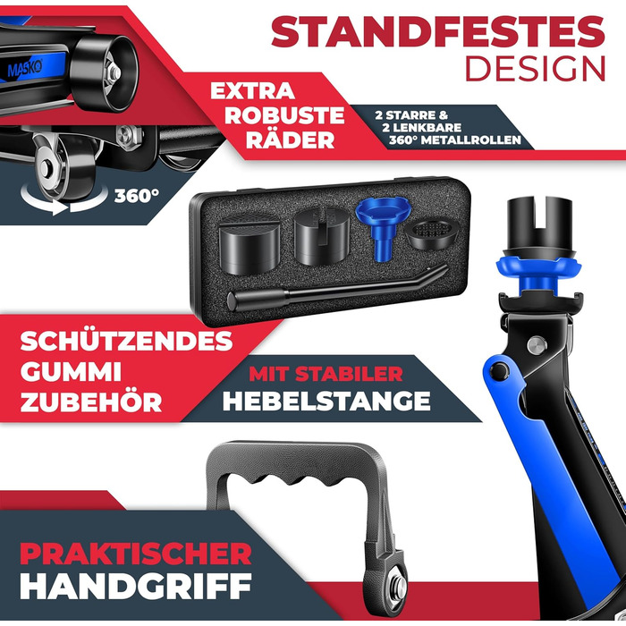 Гідравлічний домкрат MASKO 3T з низьким профілем (85-460 мм) для авто, SUV. З гумовими накладками, роликами 360°, рукавичками. Підставка для ремонту, синій.
