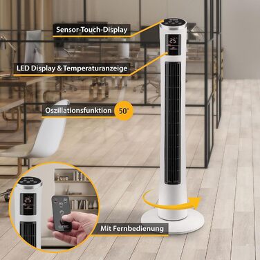 Баштовий вентилятор TZS First Austria з пультом дистанційного керування - Вентилятор на п'єдесталі 102 см - Коливання 50 з функцією таймера та 3 рівнями - Дуже тихий вентилятор з дисплеєм - білий
