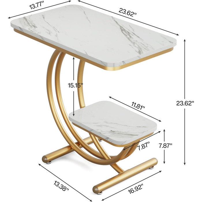 Журнальний столик Tribesigns, штучний мармур, 2-ярусний, С-подібні металеві ніжки, білий/золотий, прямокутний (2 шт. и)