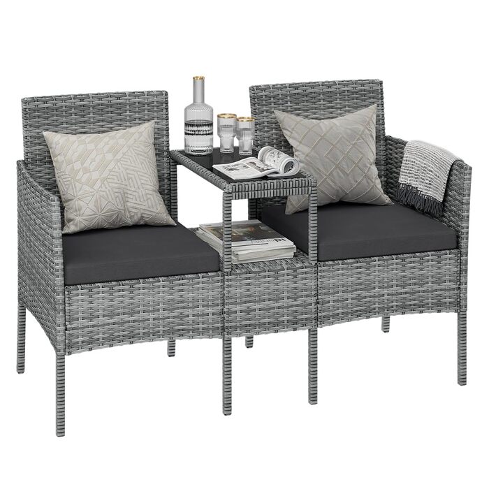 Садова лавка STEELSØN Velara з інтегрованим столиком - ротангова лавка для 2 осіб з подушками, вуличні меблі, стійкі до погодних умов, для тераси та балкона (сіро-меланжевий)