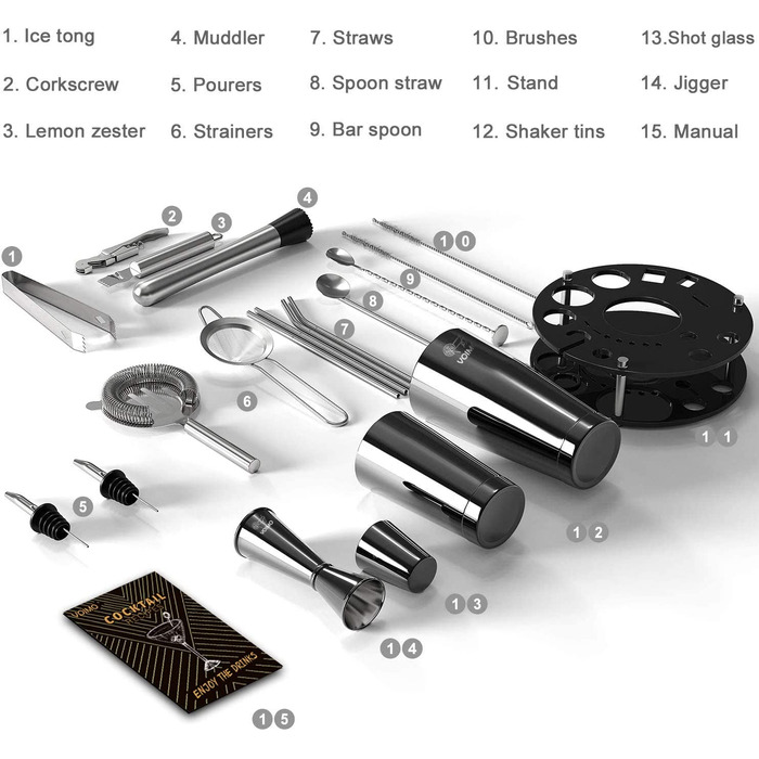 Набір для коктейлів, бостонський шейкер VOIMO з нержавіючої сталі, набір бармена з 22 предметів з акриловою підставкою та книгою рецептів