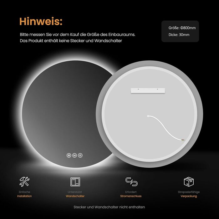 Дзеркало для ванної кімнати EMKE з підсвічуванням, діаметр 50 см, регульоване холодне біле світло, функція пам'яті, вимикач, IP44, енергозберігаюче, з підсвічуванням ззаду, дзеркало для ванної кімнати (3 кольори світла + проти запотівання, 80 x 80 см)