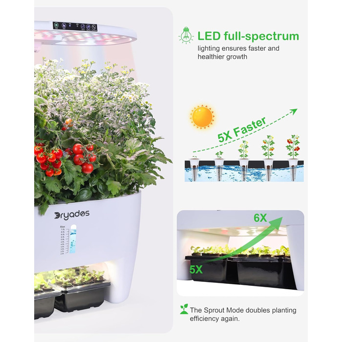 Гідропонна система вирощування: 8 капсул, 24W LED лампа повного спектру з сигналом про низький рівень води | Внутрішній сад для кухні, вітальні, школи | Ідея подарунка для любителів садівництва (16 капсул - Білий)