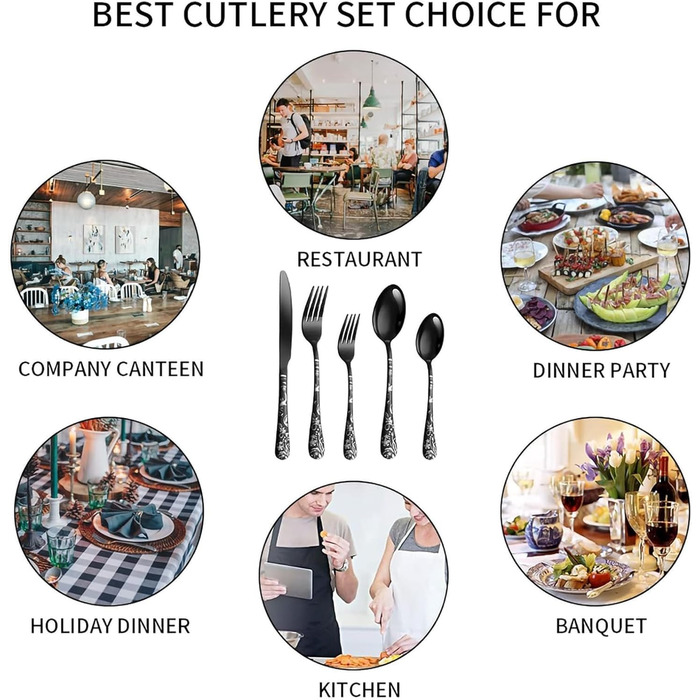 Набір столових приборів на 4 особи, 20 предметів: ніж, виделка, ложка, чорний, нержавіюча сталь, для посудомийної машини