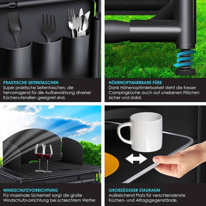 Кемпінгова кухня KESSER® | З сумкою та набором посуду | Складаний шафка для кемпінгу | Алюмінієвий каркас | Похідна кухня | Кухонна коробка | Шафка для намету | Чорний/Чорний (Тип F2, Чорний / Чорний)
