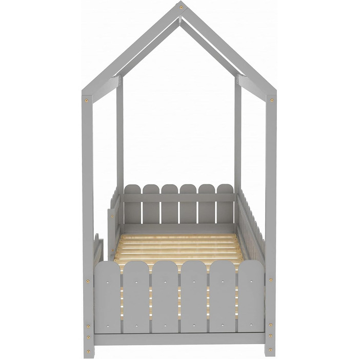 Дитяче ліжко Merax 90x200 см, красиве домашнє ліжко із захистом від падіння та рейковим каркасом, універсальне дерев'яне ігрове ліжко з огорожею, ліжко на дереві для хлопчиків і дівчаток, біле (сіре)