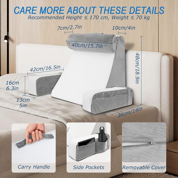 HOMCA Подушка для читання та відпочинку в ліжко та на диван з знімною подушкою для шиї та підлокітником, подушка для спини, настінна подушка, багатофункціональна подушка-клиновид для читання, роботи та перегляду телевізора (36x40x48 см)