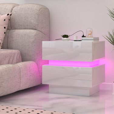 Нічний столик з розеткою та LED-підсвіткою, з USB-зарядкою та 2 шухлядами (45x35x46 см, білий)