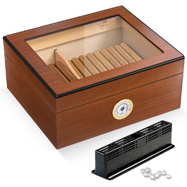 Вологозбережувач для сигар Slege, дерев'яний бокс з іспанської кедру, гігрометр, роздільники, аксесуари для сигар (30-50 сигар) (колір: коричневий)