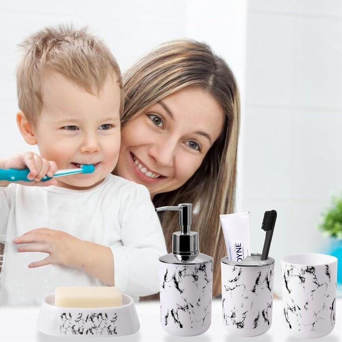 Комплекти аксесуарів для ванної кімнати, 9 предметів: сміттєвий бак, лоток для косметики, дозатор мила, мильниця, стакан для зубної щітки, щітка для унітазу та контейнер для ватних паличок (білий мармур)