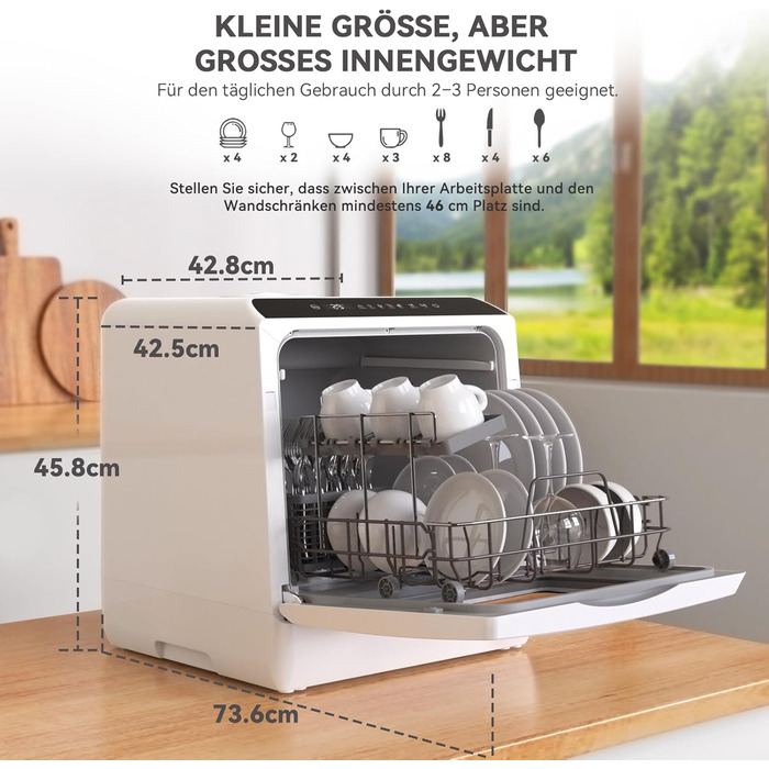 Компактна посудомийна машина Hermitlux Mini на 5 комплектів посуду (5л бак), портативна посудомийна машина з 6 програмами та 360° розпилювачами | З функцією сушіння гарячим повітрям | Клас енергоефективності D | Без встановлення, скляні дверцята