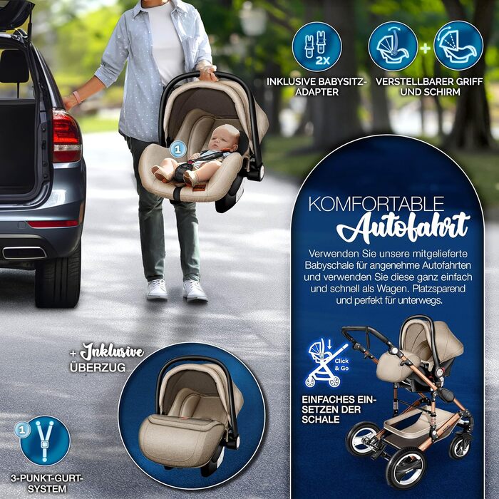 Дитяча коляска KIDUKU® 3 в 1 XXL Комплект | Комбінована коляска з люлькою, прогулянковим блоком та автокріслом | З підніжкою, сумкою для пеленання, підігрівачами для рук, дощовиком та столиком | З повного гуми | Відповідає стандарту ECE R129 (Бежевий / Мі