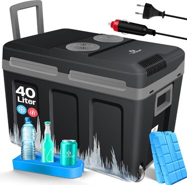 Термобокс KESSER® 40L з колесами | Холодильник-грілка 12/230V | Для авто, човна, кемпінгу | З акумуляторами холоду та тримачами для напоїв (Чорний/Сірий)