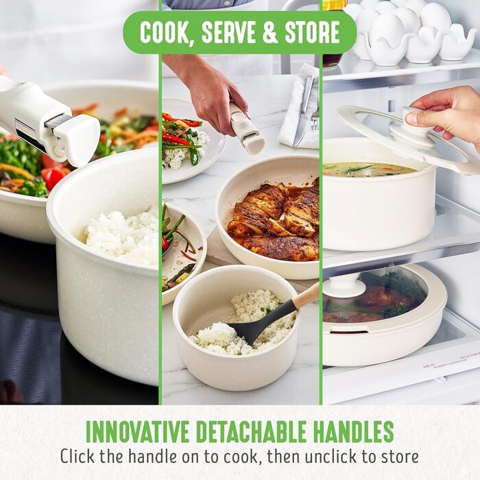 Набір кухонного посуду GreenLife 10 предметів з антипригарним покриттям, знімними ручками та стійким до утворення накипу, нетоксичний, без PFAS, для індукційних плит, економний, з сервірувальними тарілками