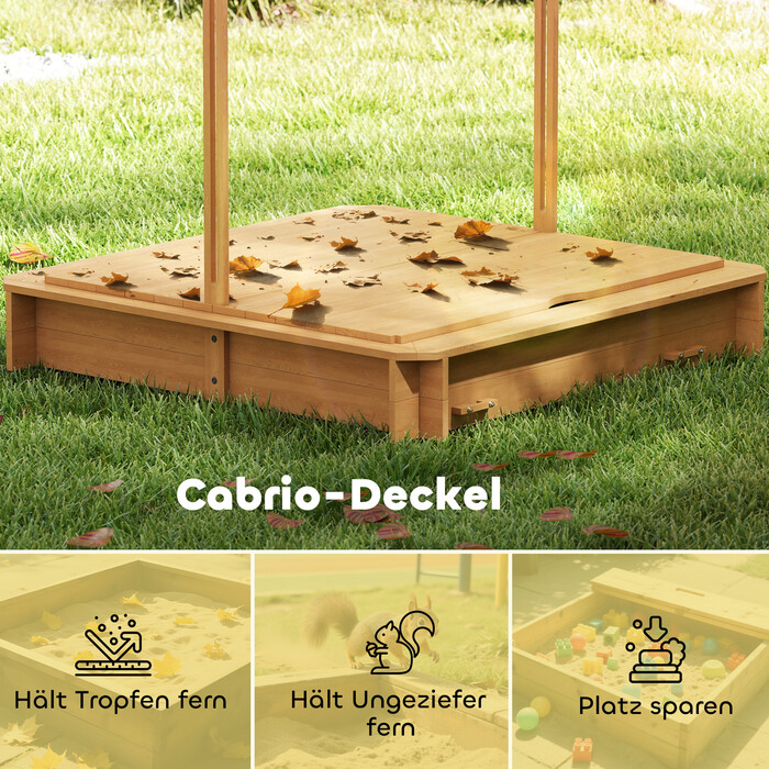 Пісочниця дитяча дерев'яна 106x106 см з регульованою кришкою, лавками та спинками, світло-коричнева