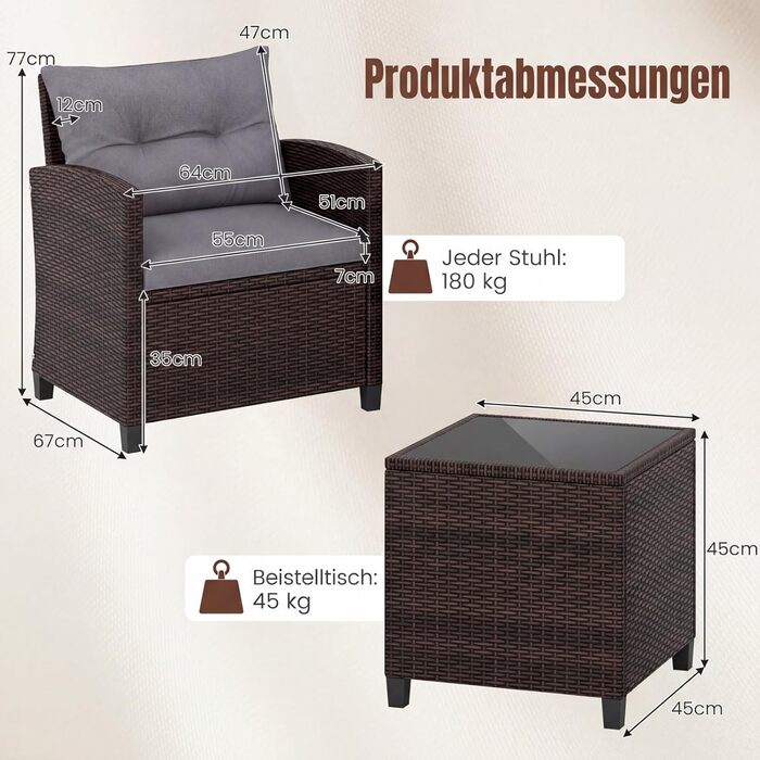 Садовий набір меблів COSTWAY з ротангу 3 предмети: 2 крісла, стіл зі скляною стільницею, подушки. Меблі для балкона, тераси, саду, для 2 осіб, коричнево-сірий