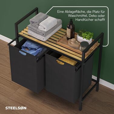 STEELSØN Rigil Кошик для білизни з 2 відділеннями – з полицею з бамбука – 2x 45 л – чорний металевий сортер для білизни – знімні мішки для білизни – контейнер для брудної білизни 2 відділення