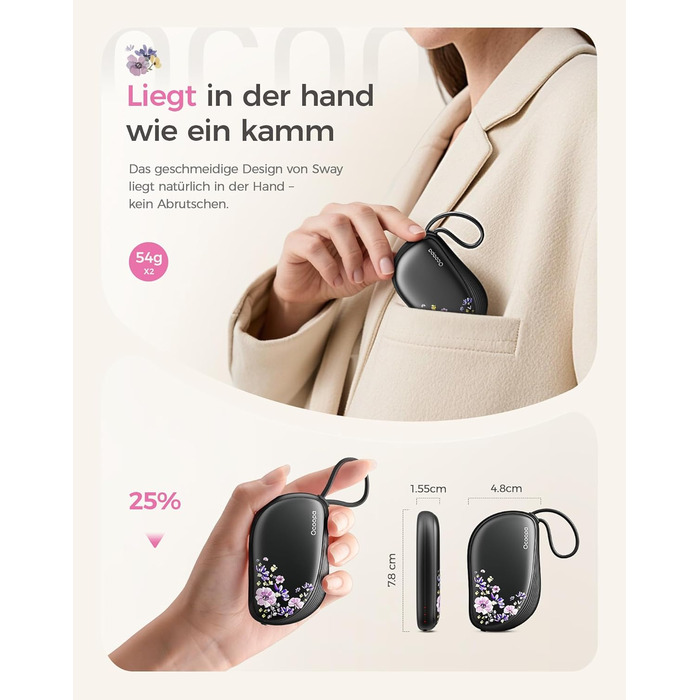 Електричні грілки для рук Ocoopa 2 шт. з дизайном гребінця, багаторазові, 4000mAh, ультратонкі (1.5 см), підходять для рукавичок та кишень, подарунок на Різдво, для жінок, зимові аксесуари, UT5 Sway Wiesengeflüster (Ocoopa x Artist Edition) (Nachtgarten (