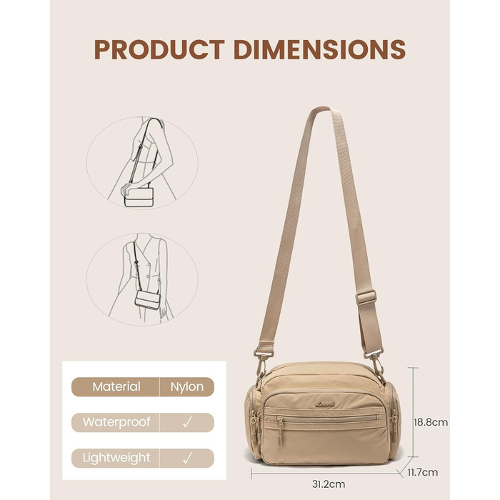 Сумка на плече LOVEVOOK для жінок, чорна сумка через плече середнього розміру з багатьма відділеннями, легка сумка-месенджер для подорожей, офісу, вечірки, відпочинку, бежева