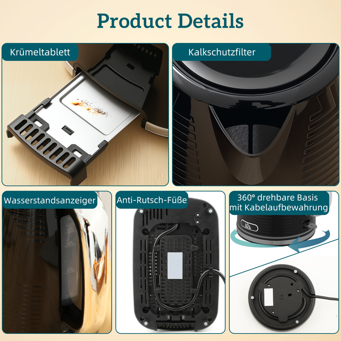 Набір чайника та тостера, 2200 Вт, термостат Otter, тостер на 2 слоти, 7 рівнів підсмажування, піддон для крихт, чорний