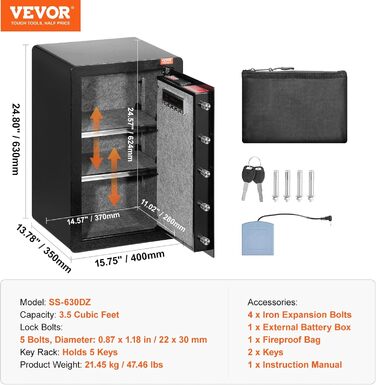 Сейф VEVOR з вогнестійким кишеням для грошей, одностулковий сейф об'ємом 3,5 кубічних футів, 2 перегородки, цифровий сейф для меблів з ключем/кодом, скринька для цінностей (гроші, ювелірні вироби, ліки), сейф для грошей чорного кольору, 1 дверцята