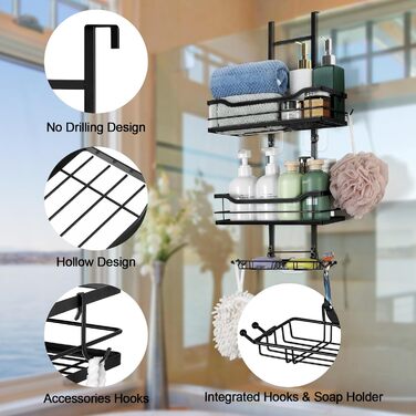 Підвісна душова полиця з мильницею, 2 кошики, без свердління, чорна, над дверима душу, полиця для ванної кімнати