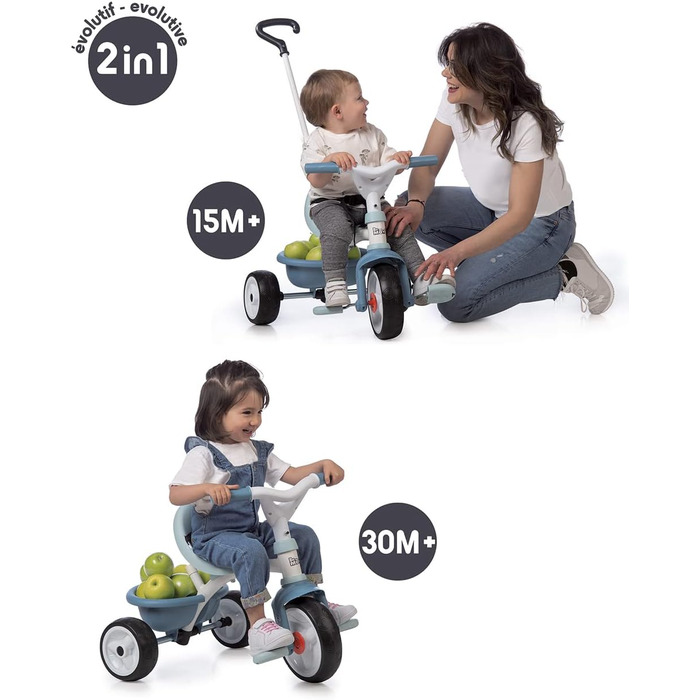 Триколісний велосипед Smoby Be Move з батьківською ручкою, ременем безпеки, металевим каркасом та педальним механізмом для дітей від 15 місяців (Блакитний)