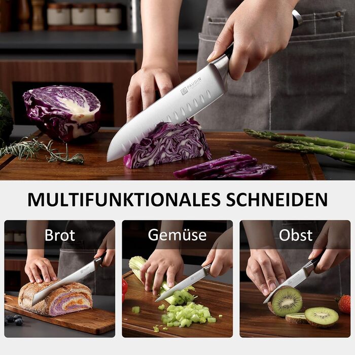 Набір ножів Paudin 7 предметів з дерев'яним блоком: кухонні ножі з нержавіючої сталі та ABS ручками