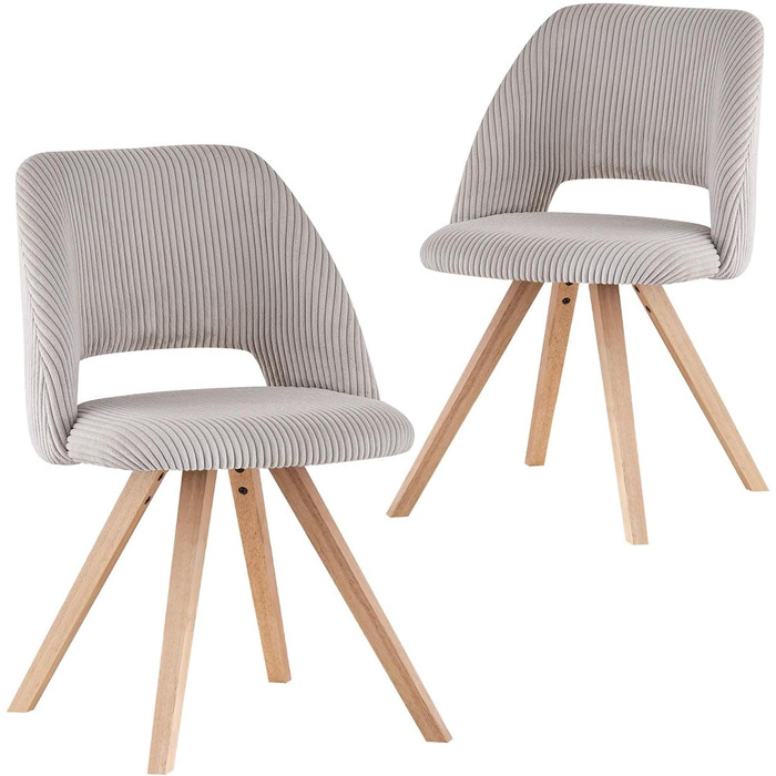 Набір з 2 стільців для їдальні B&D home® Vicky – оббивка з тканини Cord, сірий колір, ергономічна спинка, дерев'яні ніжки, дизайн модерн-кантрі для кухні, їдальні та вітальні