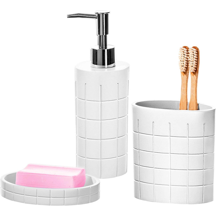 Набір аксесуарів для ванної кімнати, 6 предметів: дозатор для мила, тримач для зубних щіток, стакан, мильниця, тканинна накладка та сміттєвий бак. Сучасний дизайн