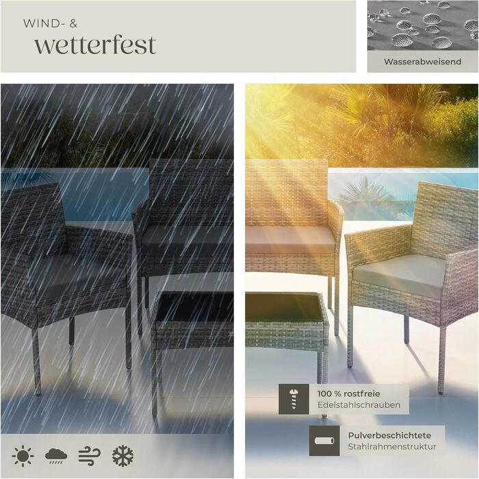 Набір садово-розкладних меблів tectake® з ротангу: банкетка, 2 крісла, столик, подушки, для балкона/тераси (сірий)