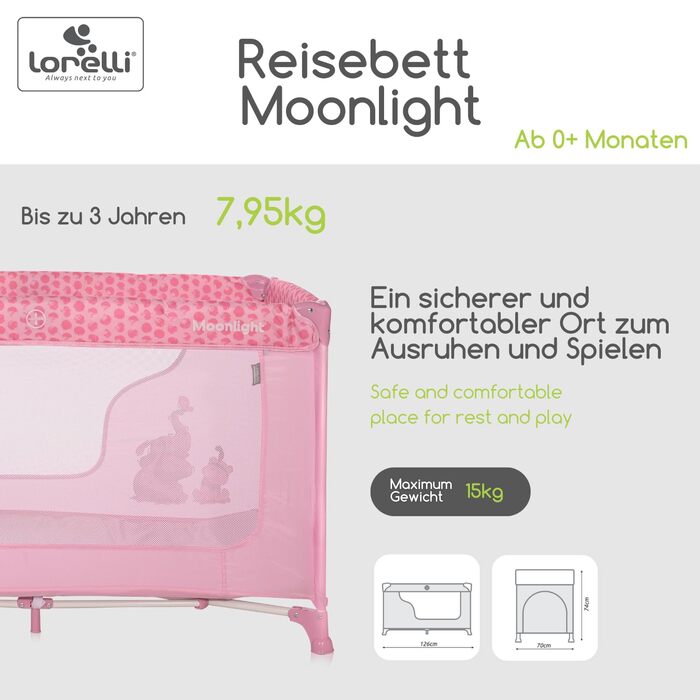 Lorelli Babybett und Laufstall Moonlight 2 в 1: дитяче ліжко та манеж для ігор, рожевий. Від народження до 15 кг, складаний, з транспортною сумкою.
