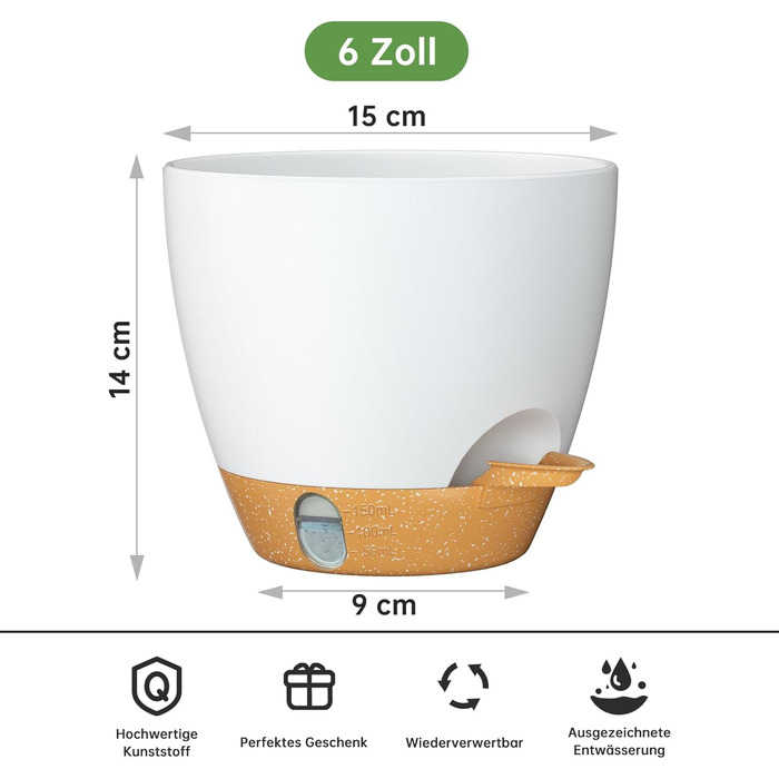 Набір горщиків для квітів ZMTECH 25 см з підставкою, пластикові пересаджувальні горщики з автополивом, квіткові горщики з індикатором рівня води для дому/саду (2 шт.,) (Білий, 15 см (5 шт.))