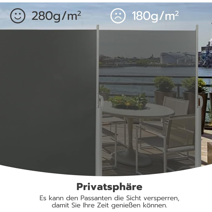 Висувна бокова маркіза LARMNEE 190x500 см, темно-сіра, сонцезахисна та захист від поглядів, для балкона, тераси, саду