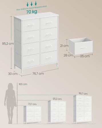 SONGMICS Комод з 8 висувними ящиками, шафа для зберігання, сталь, MDF, фліс, для спальні, прихожей, вітальні, вінтажний коричневий-чорний, LGS124BH04 (8 ящиків, хмарно-білий + сніжно-білий)