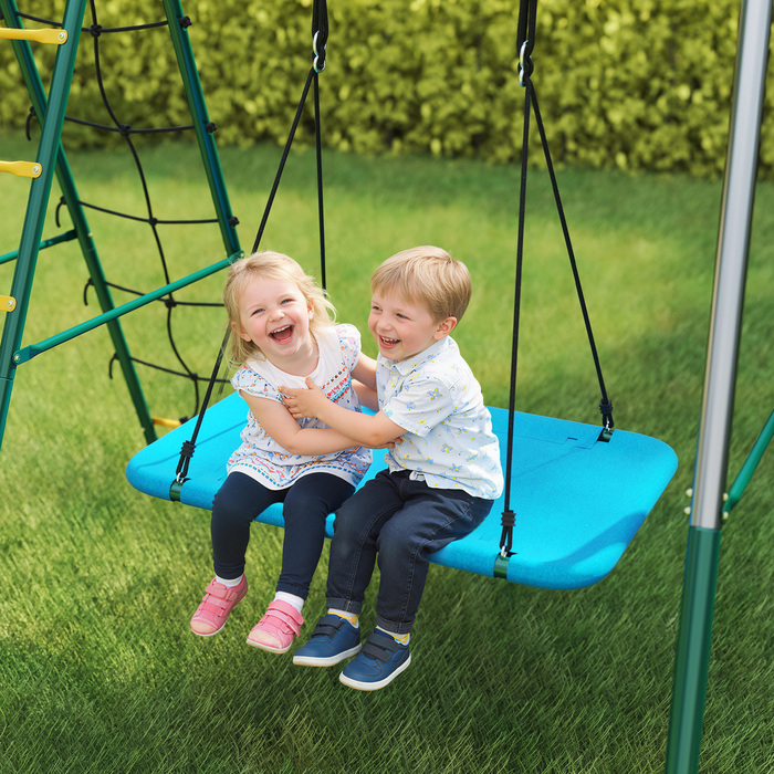 Комплекс для ігор 5-в-1 з регульованою гойдалкою-гніздечком, кільцями для гімнастики, двомісною гойдатю та комплексом для лазіння, призначений для дітей 3-8 років, розміром 440x175x203 см.