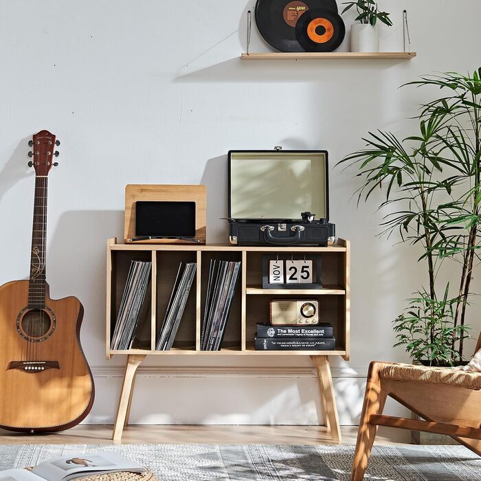 Сумка-органайзер для вінілових платівок LELELINKY: стійка з 4 полицями, вміщує до 220 платівок, з міцними дерев'яними ніжками, стиль Mid-Century, білий колір, для зберігання вінілу