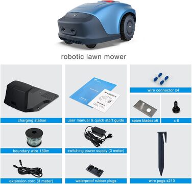 Робот-газонокосарка акумуляторна з Wi-Fi, Bluetooth і мобільним додатком, для газонів до 600 м², акумулятор 4400 мАг, станція зарядки, сенсор дощу, захист від крадіжки (синій)